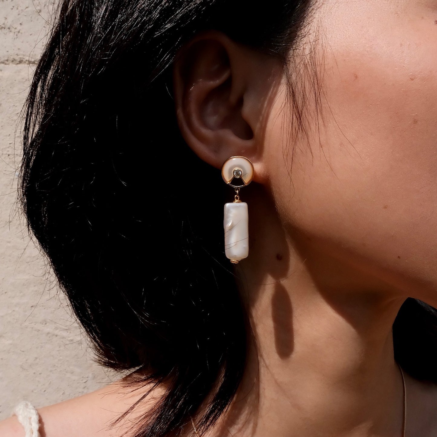 Geometric Earrings with Flat-Shaped Keshi Baroque Pearl