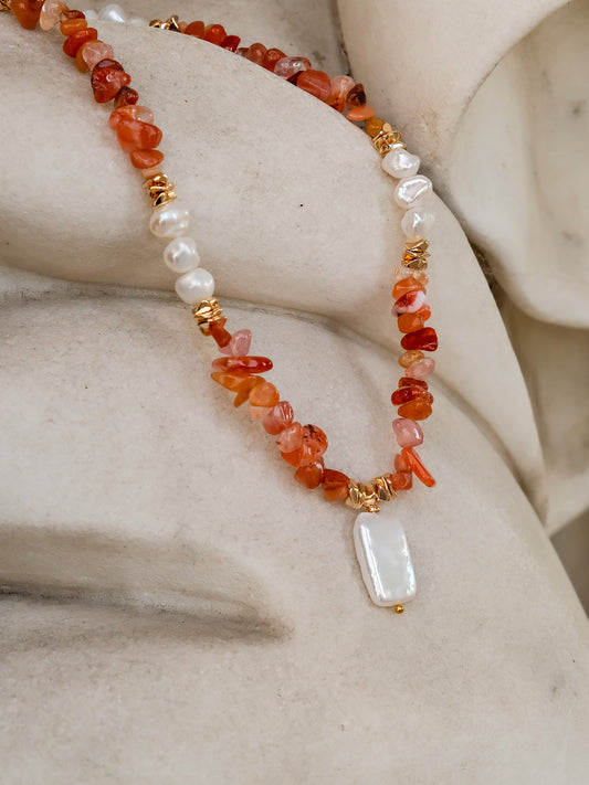 Orange Agate & Keshi Baroque Pearl Chakra Healing Necklace